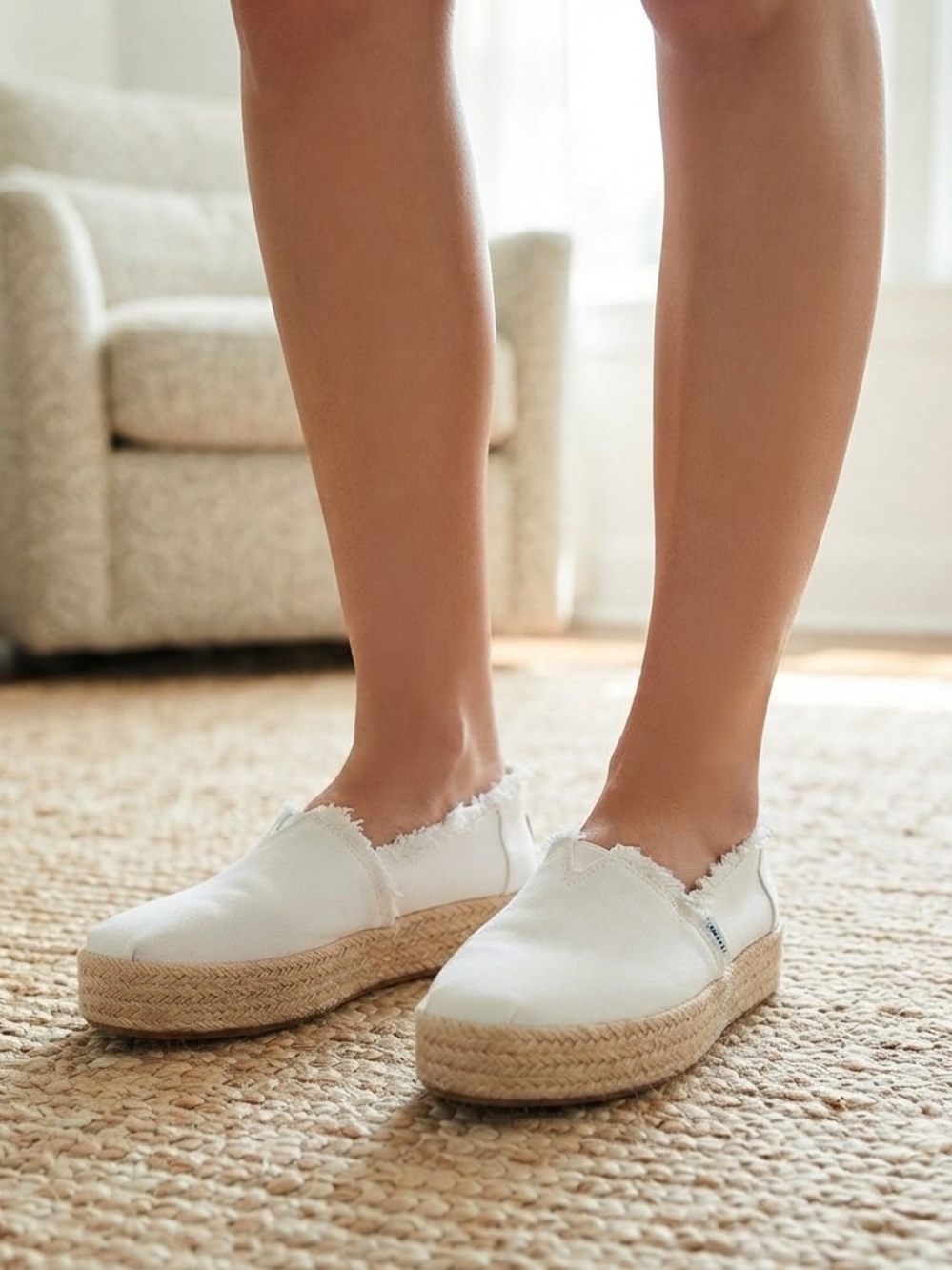 Toms White Canvas Espadrille Platform Slip-On
